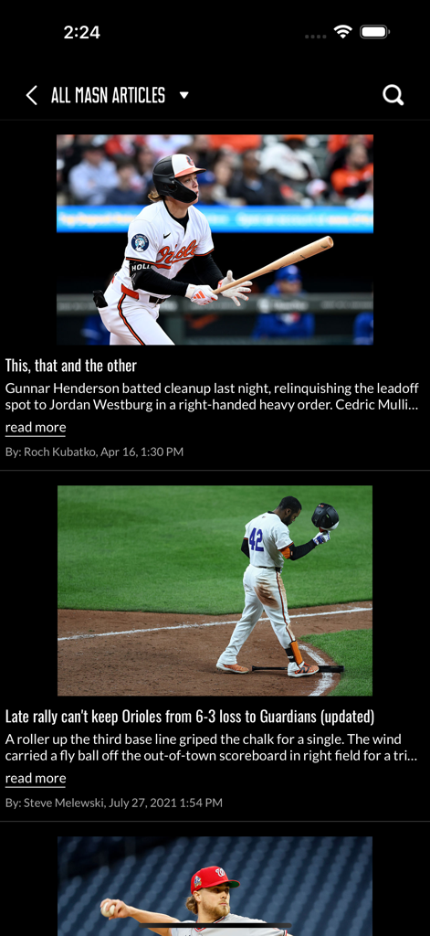 MASN - Screenshot of the MASN app news feed showing articles about the Baltimore Orioles and Washington Nationals