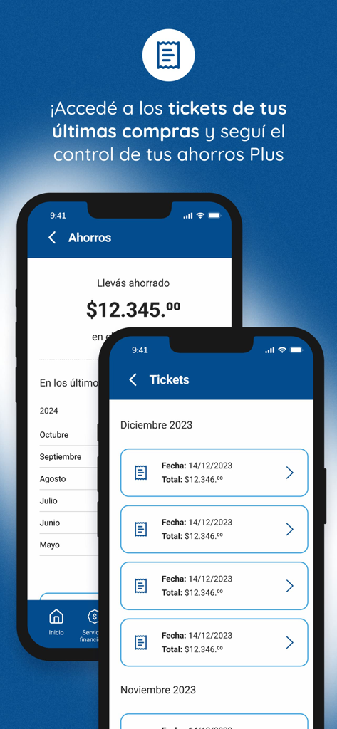 Mobile app screens showing a savings summary and a list of digital purchase receipts.