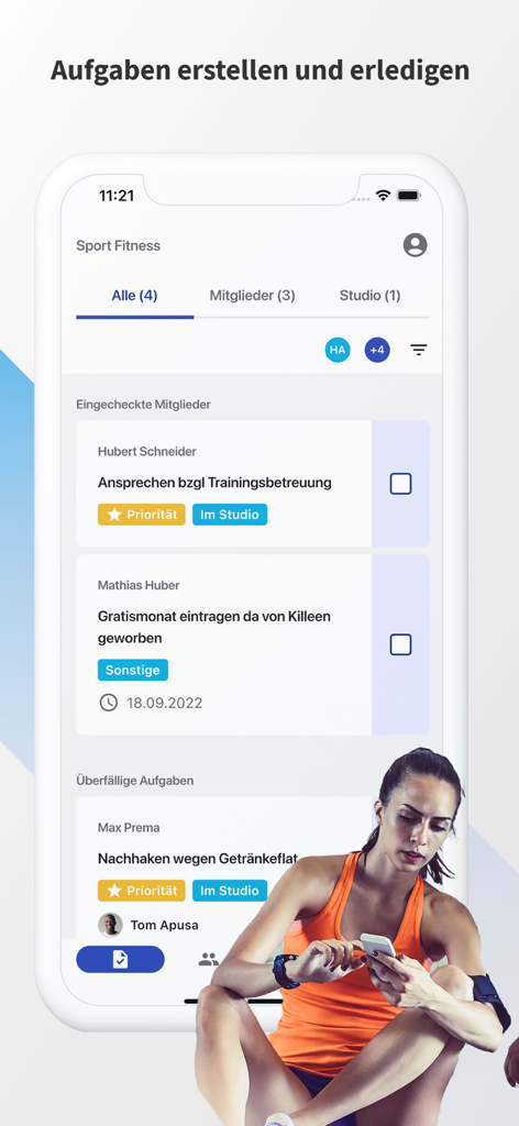 Magicline - Dashboard of Magicline app showing task lists for gym member care and studio management