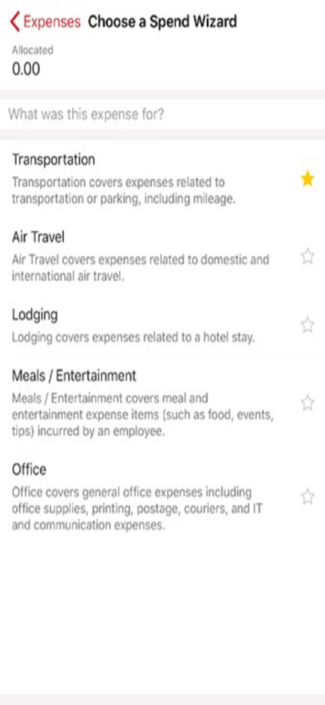 WellsOne Expense Manager - WellsOne Expense Manager app screen showing a list of expense categories like transportation and air travel under the Choose a Spend Wizard menu.