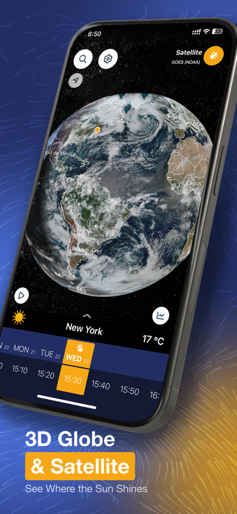 Ventusky: Weather & Live Radar - Smartphone screen showing the Ventusky app with a 3D interactive globe and satellite weather imagery