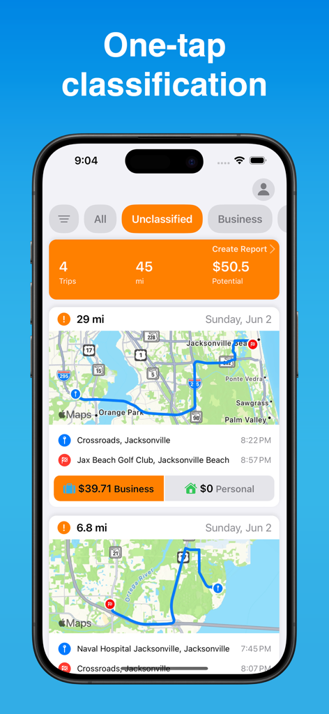 Interfaccia dell'app DriveLog che mostra la classificazione dei viaggi con un solo tocco per il chilometraggio aziendale e personale.