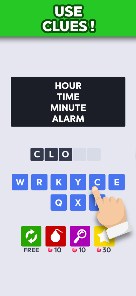 Word to Word game interface showing word association clues and letter tiles for a brain training puzzle.