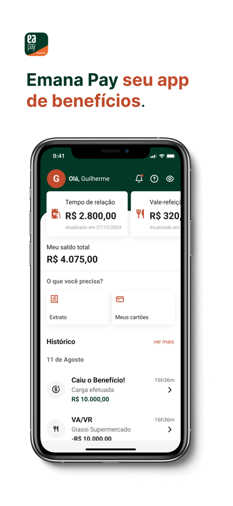 Emana Pay Beneficios - Panel de la aplicación Emana Pay mostrando saldos de beneficios e historial de transacciones en una pantalla móvil