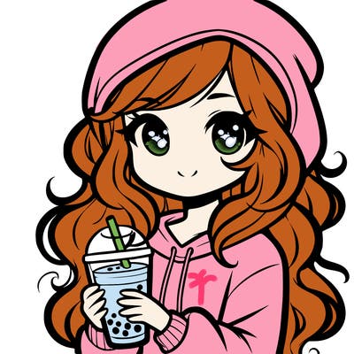 pretty girl with a boba tea and wavy hair and hoodie