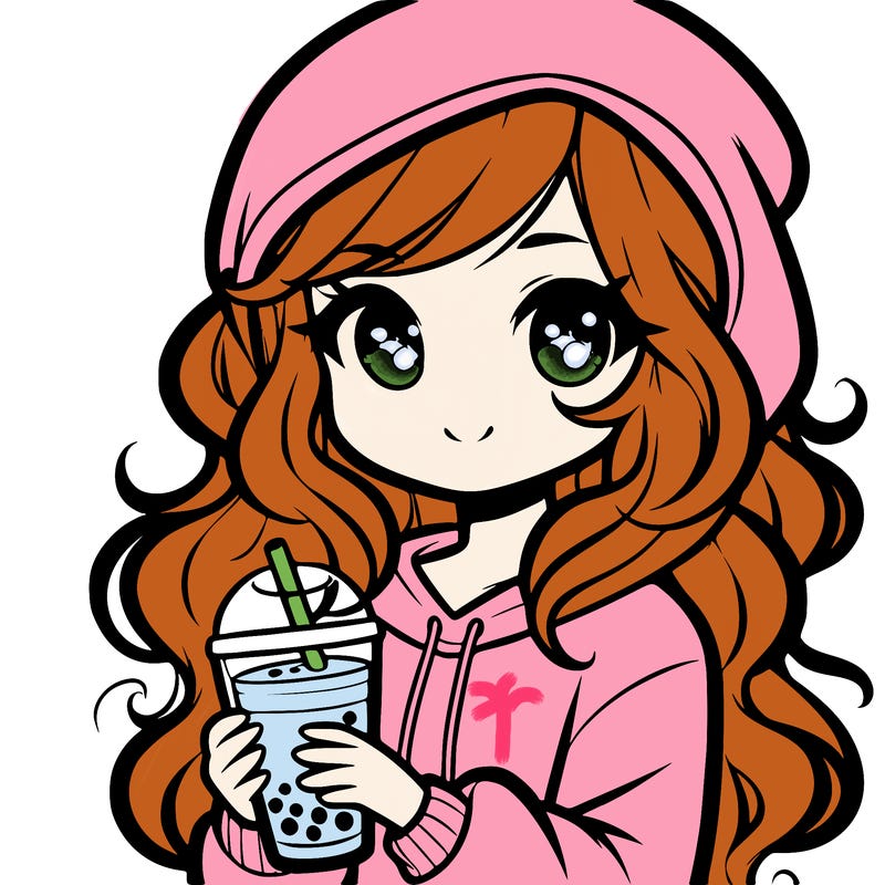 pretty girl with a boba tea and wavy hair and hoodie