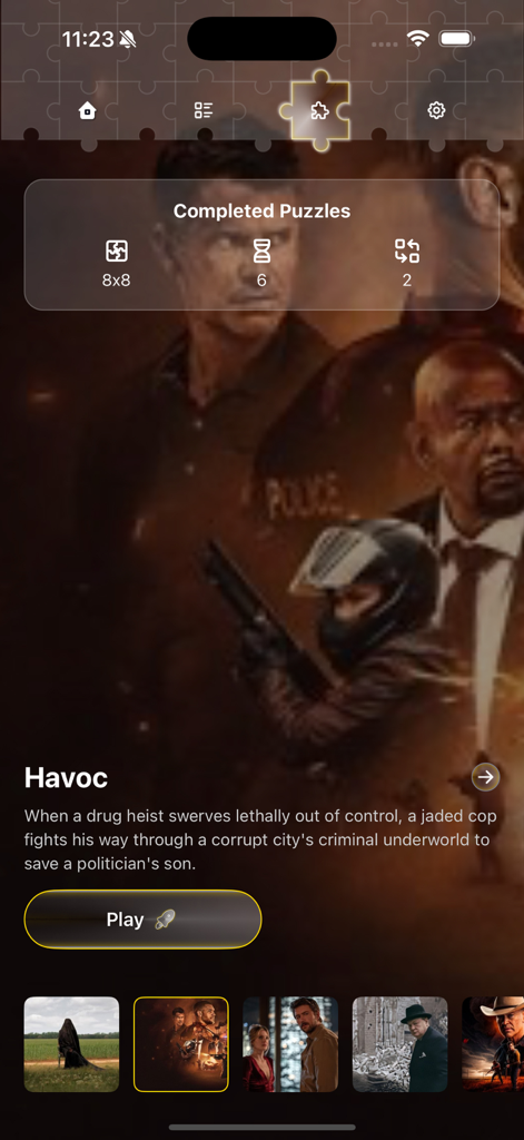 Read Progre: Movie Cine Puzzle - Un tableau de bord montrant les statistiques d'achèvement des puzzles de films et le film 'Havoc' avec un bouton de lecture