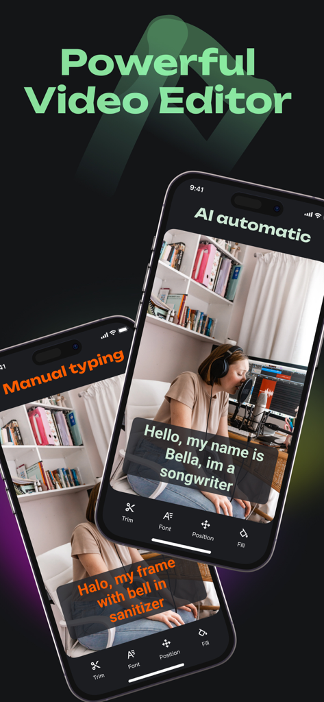 Captions AI: Video Subtitles - Captions AI app interface showing AI automatic versus manual typing for video subtitles on a mobile phone