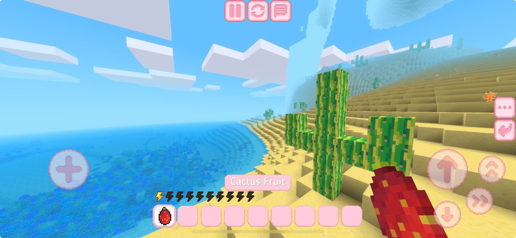 A first person view of a sunny desert beach with a blocky cactus and pink game interface in Kawaii Craft