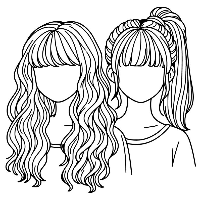 two girls one with wavy hair and one with strait hair with bangs in a ponytail