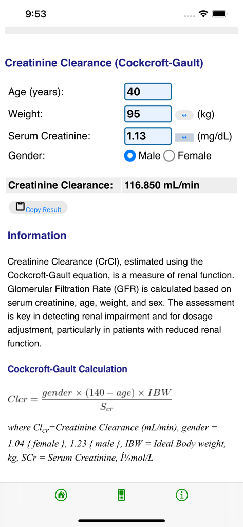 Interfaz de la aplicación médica CliniCompute que muestra la calculadora de depuración de creatinina Cockcroft Gault con entradas de datos del paciente y detalles de la fórmula
