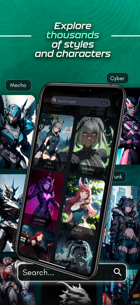 Otaiku app interface displaying a wide variety of AI generated anime character styles