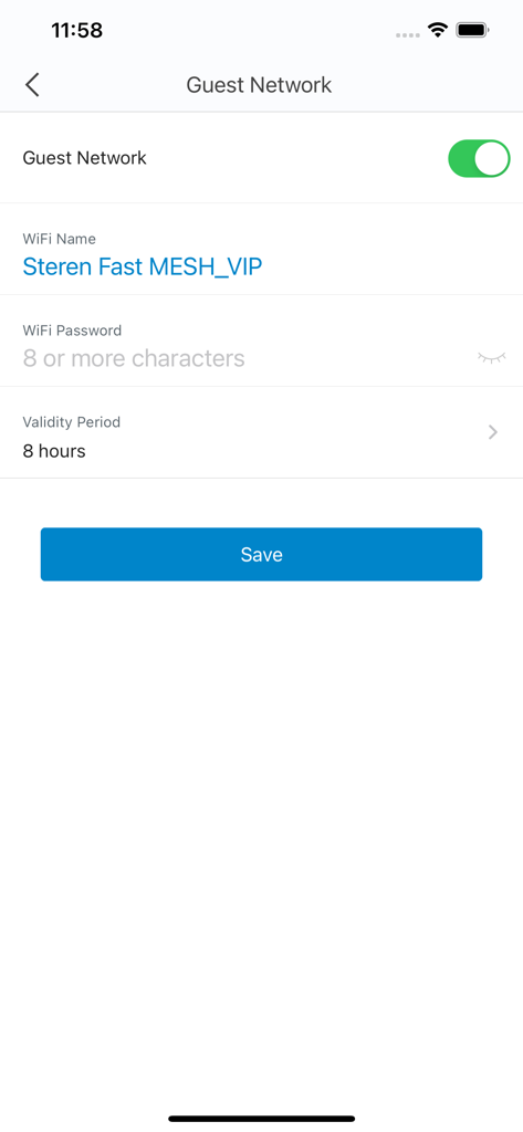 Steren WiFi - Tela de configuração da rede de convidados do aplicativo Steren WiFi mostrando nome do wifi e opções de período de validade