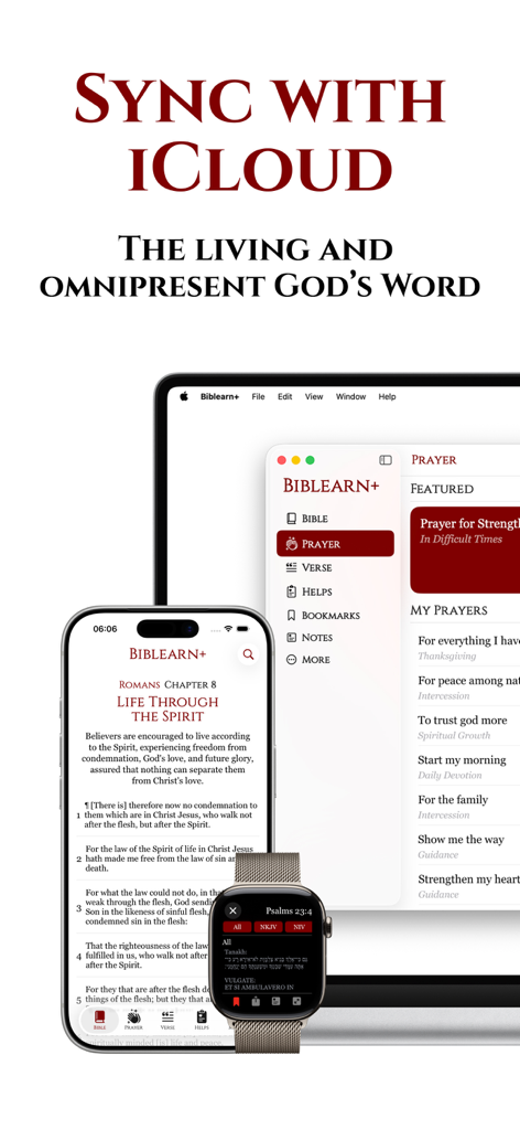 Biblearn+™ KJV: AI Bible Study - Biblearn app interface displayed on iPhone Mac and Apple Watch showing iCloud synchronization features