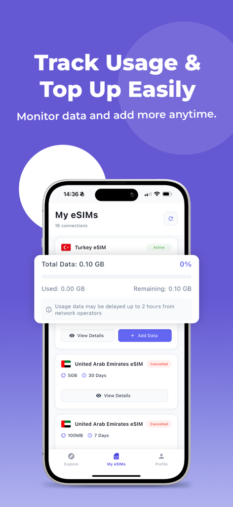 Orbit eSIM - Orbit eSIM mobile app interface showing data usage monitoring and easy top up options for travel data plans.