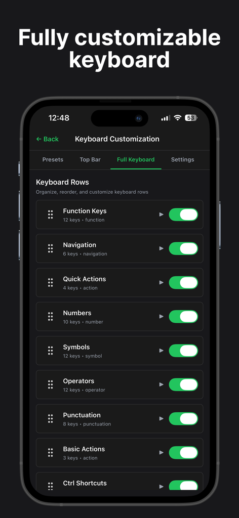 Termix - SSH Companion - Interface for customizing the SSH terminal keyboard with options to toggle function keys, navigation, and shortcuts.