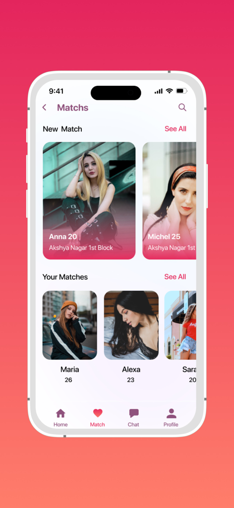 Singles Connect - Interface of the Singles Connect app showing new matches and existing profile connections.