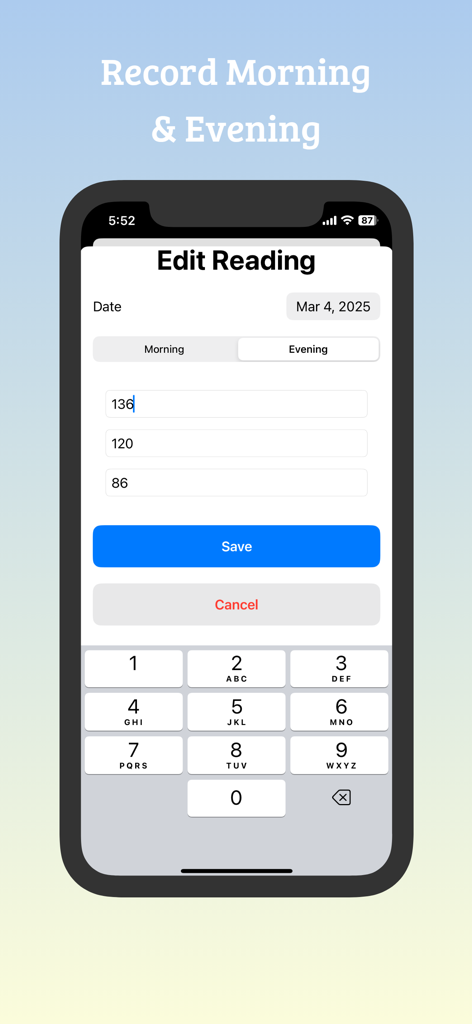 Blood Pressure Averager - Manual entry screen for recording blood pressure and heart rate readings for morning or evening.