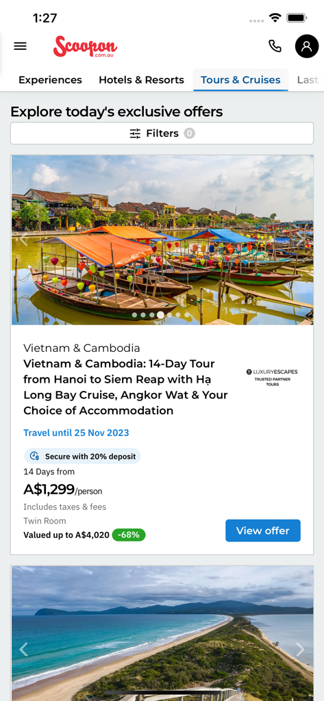Scoopon mobile app interface showing a 14-day tour deal for Vietnam and Cambodia with a 68 percent discount.