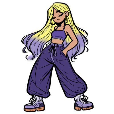 girl in baggy pants crop top and long hair