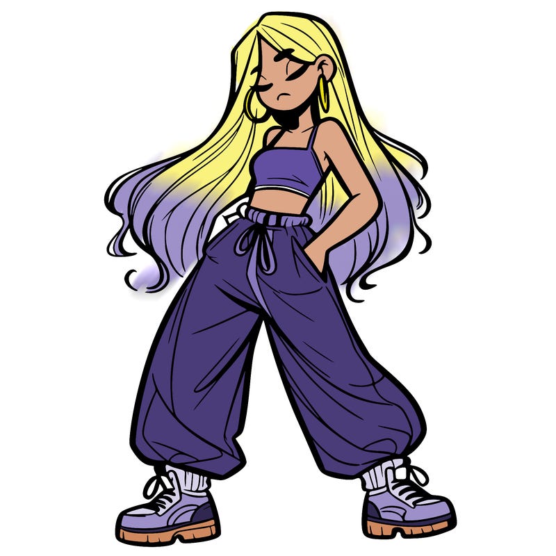 girl in baggy pants crop top and long hair