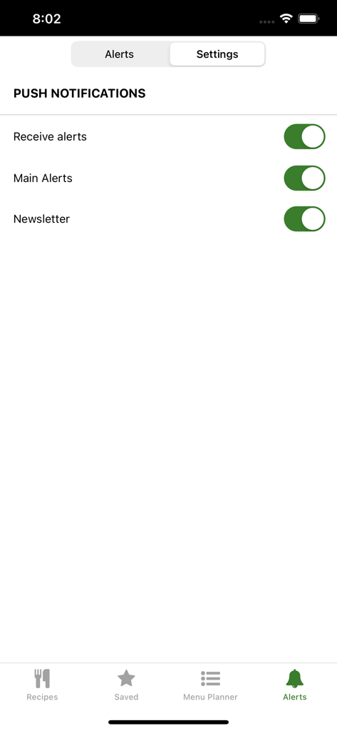 5 Dinners in 1 Hour 앱의 푸시 알림 설정 화면으로 알림 및 뉴스레터에 대한 토글이 표시됩니다.