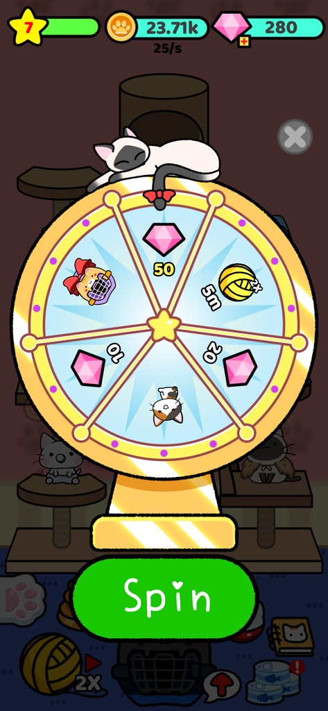 Cat Condo 2 - Prize wheel in Cat Condo 2 showing rewards like gems and cats with a sleeping Siamese kitten on top