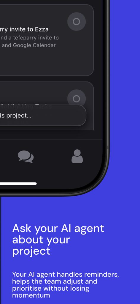 AI Companion app - WitAI Agent - A mobile app screen for WitAI Agent demonstrating how the AI assistant manages project reminders and team tasks