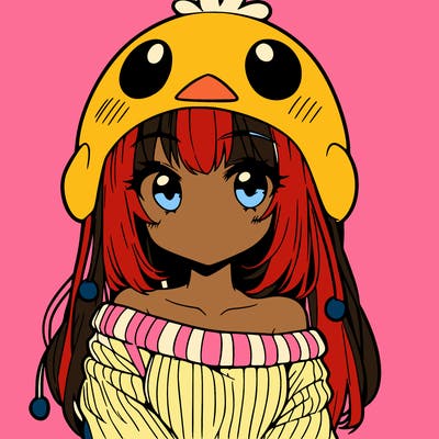 anime girl with chick shaped hat with sweater with bare shoulders with bangs covering them one eye with low tail