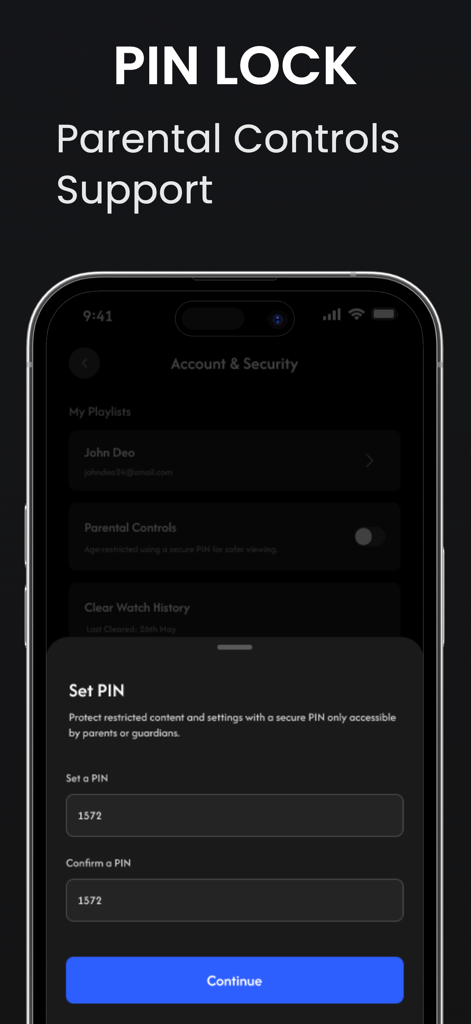 Ein mobiler Bildschirm, der die Einrichtung einer PIN-Sperre für die Kindersicherung in der iPTV Pro-App zeigt.