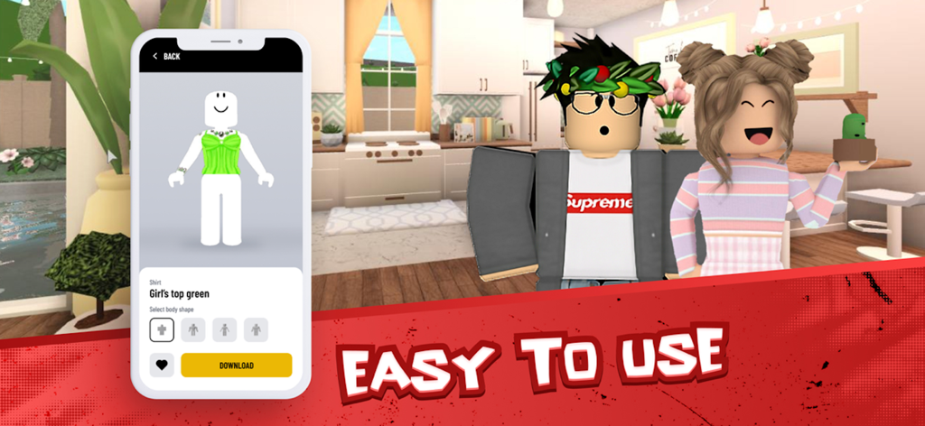 Skins for Roblox - Interfaz de la aplicación Skins for Roblox que muestra una camiseta verde de niña con avatares personalizados al fondo