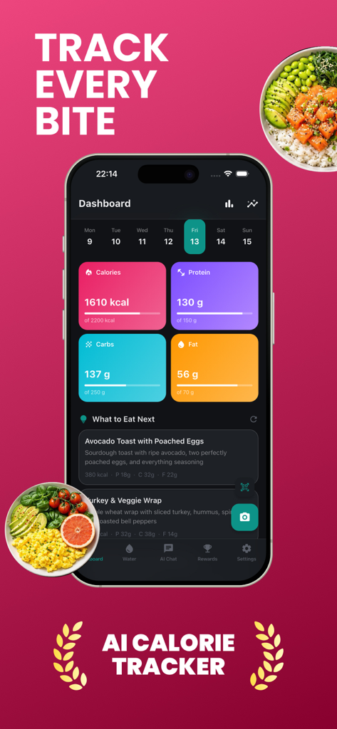 Calorie Tracker - AI Food Log - AI Calorie Tracker dashboard showing daily macro targets and meal recommendations