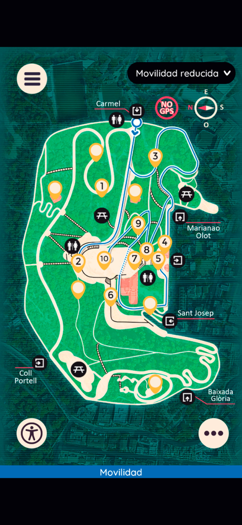 Digital map of Park Guell showing accessible routes and points of interest for visitors with reduced mobility