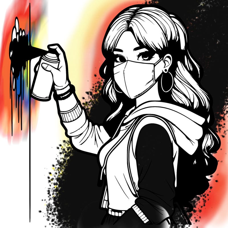 realistic girl with mask spray painting a wall