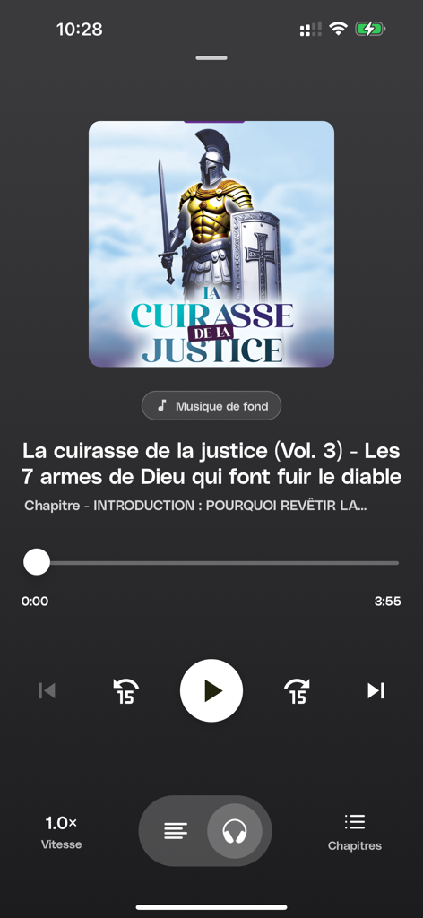 ImpactX - Pantalla del reproductor de audio de la aplicación ImpactX que muestra una lección de liderazgo espiritual titulada La coraza de la justicia.