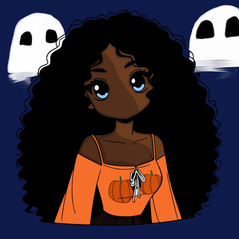 a black anime girl with long afro hair