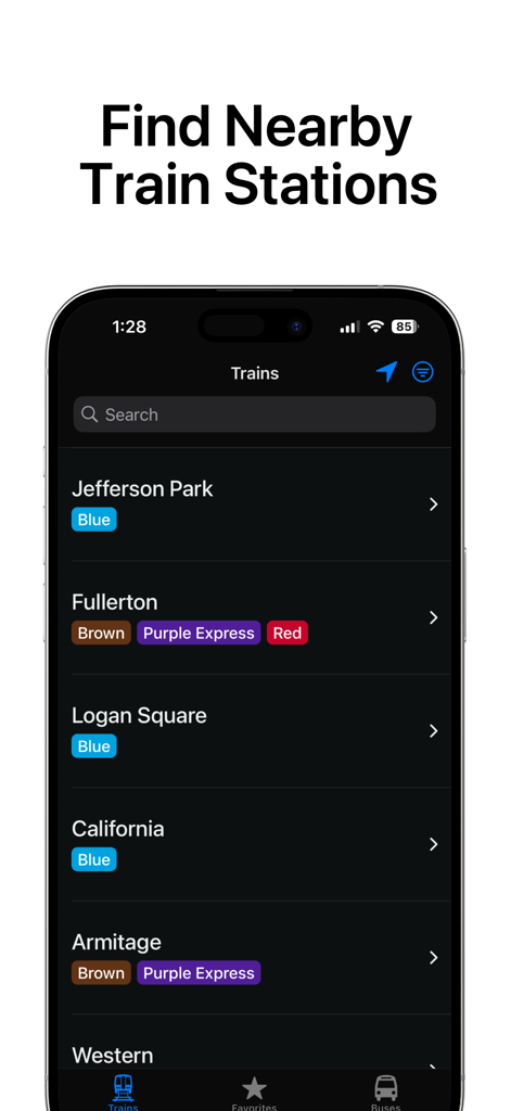 ChiGo - Chicago Trains & Buses - A mobile app interface displaying a list of nearby Chicago CTA train stations with color-coded line badges