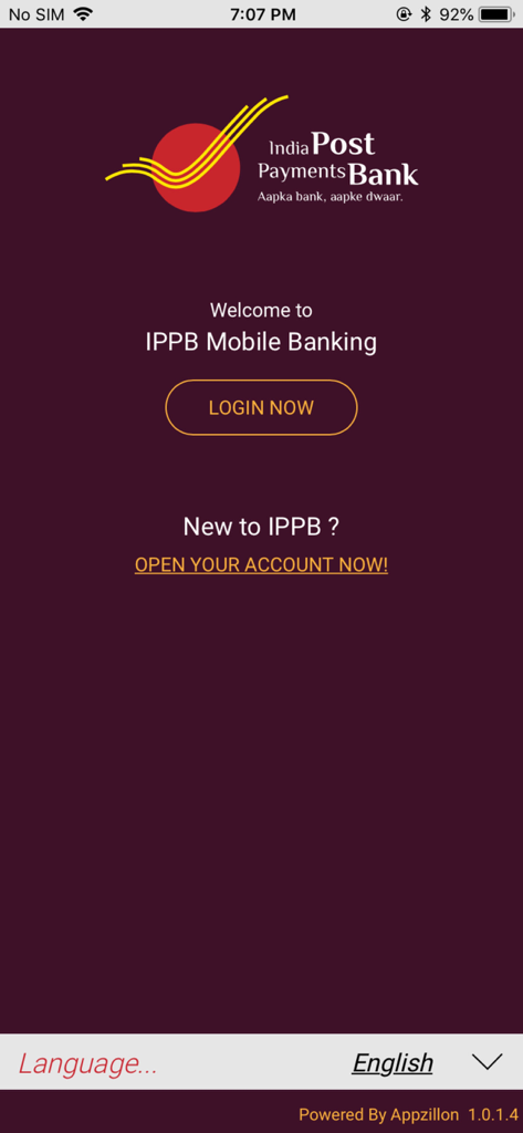 Welcome screen of the IPPB Mobile Banking app with login and account opening options
