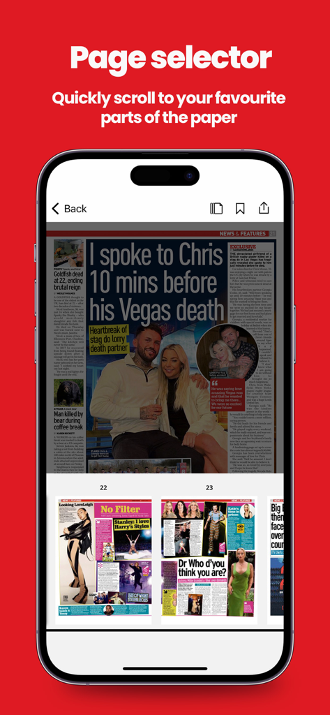 Un écran de smartphone montrant la fonction de sélection de page dans l'application Sunday People Newspaper pour une navigation rapide.