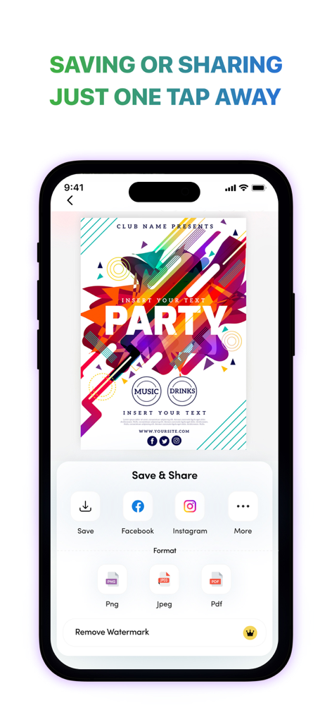 L'application Poster Maker montrant les options d'enregistrement et de partage pour un design de flyer