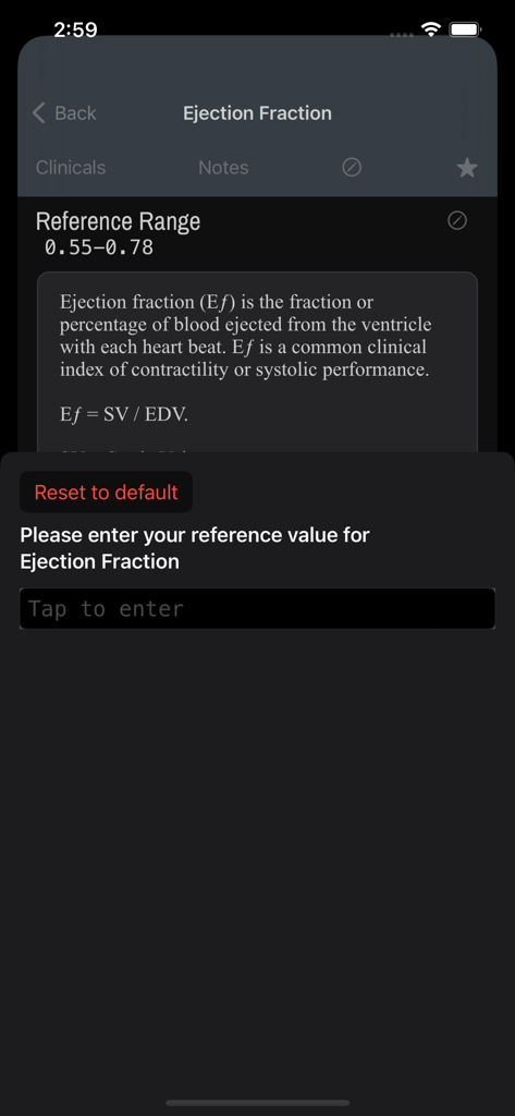 LabGear – Medical Lab Tests - Écran d'application médicale affichant les détails de la fraction d'éjection et une invite à saisir une valeur de référence personnalisée.