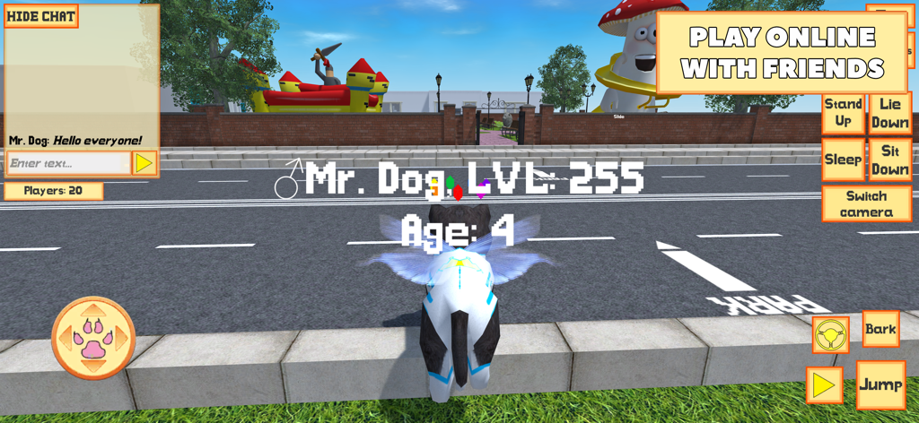 Cute Pocket Puppy 3D - Part 2 - Una captura de pantalla del juego Cute Pocket Puppy 3D Part 2 que muestra la interfaz multijugador en línea con un cachorro alado personalizado y varios botones de acción.