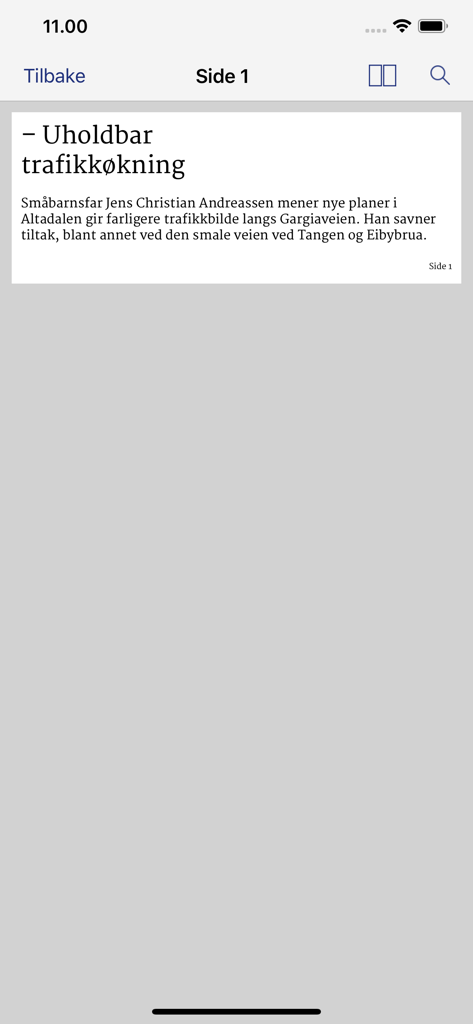 Altaposten eAvis - Interface móvel da aplicação Altaposten eAvis a mostrar uma réplica digital de um artigo de jornal.