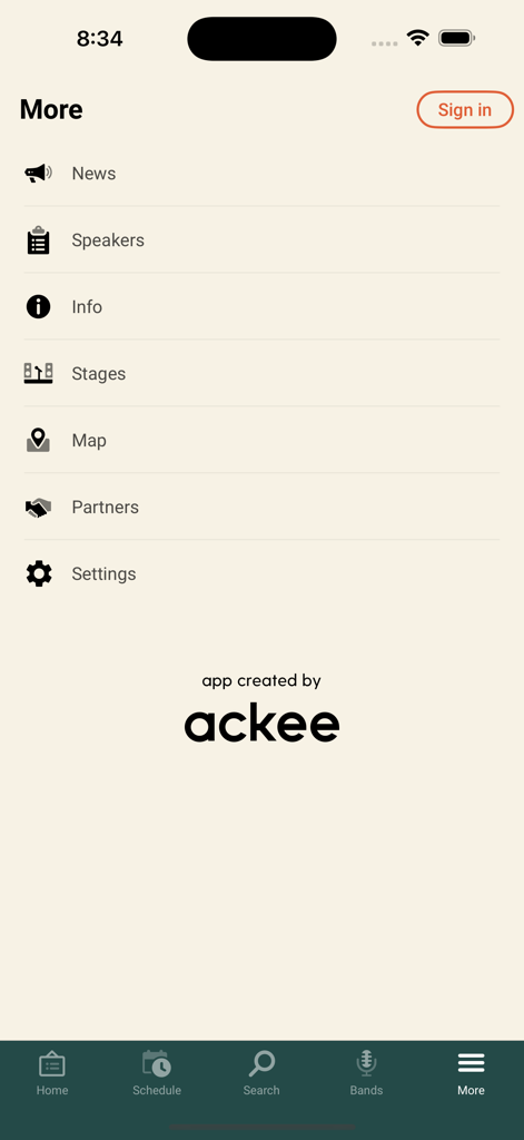 Festival One - More options menu in the Festival One app including news speakers info and map