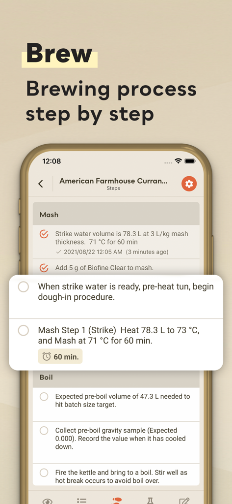 Lista de verificación del proceso de elaboración paso a paso en la aplicación móvil Brewers Friend