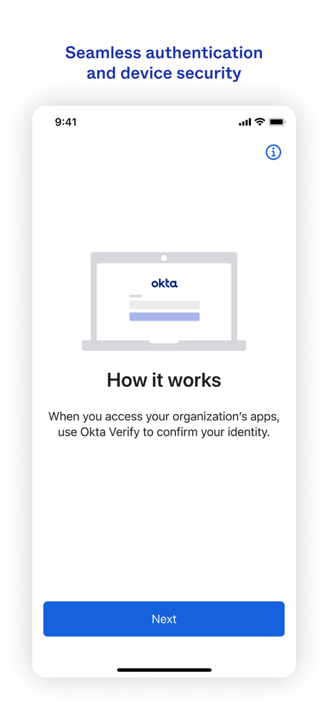 Okta Verify mobile app onboarding screen displaying a laptop icon and text explaining how the app confirms identity for organization access.