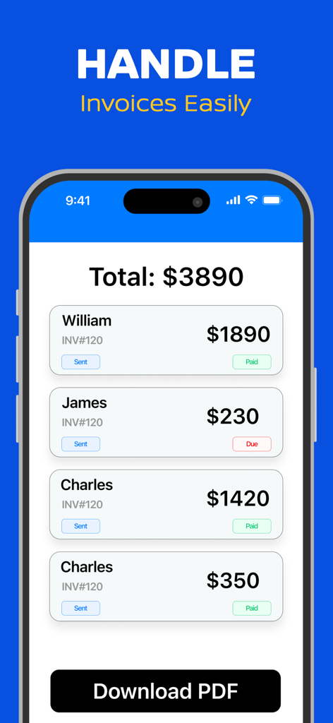 Invoice Maker: Receipt Tracker - Interfaz de aplicación móvil que muestra una lista de facturas de clientes con etiquetas de estado como pagada y pendiente
