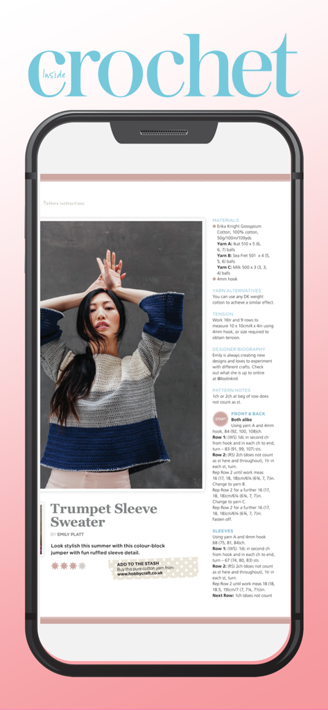 Un patrón detallado de crochet para un suéter con mangas de trompeta mostrado dentro de la aplicación Inside Crochet Magazine, con instrucciones paso a paso y foto de una modelo.
