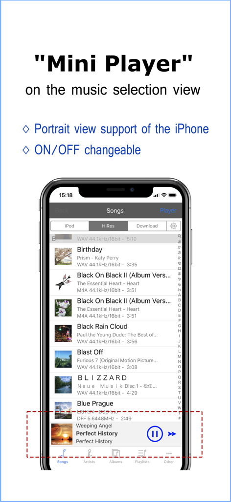 KaiserTone Audio Player +HiRes - KaiserTone app interface showing the mini player overlay on a list of high-resolution songs