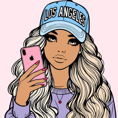 realistic beautiful girl wearing los ángeles cap holding an iphone